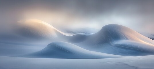 Snowy Hills bathed in ethereal morning light, creating dreamlike landscape of tranquility and peace.