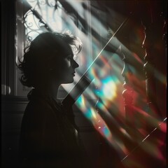 Dark realistic close-up indoor photo of a young woman seen in silhouette backlit by light shining through a window, double exposure. From the series �Art Film - Color.�
