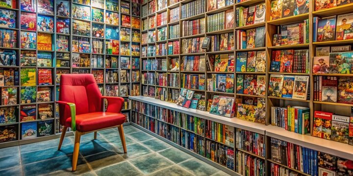 Colorful comic books and magazines fill shelves in a bustling store, with a single, half-visible chair implying a reader's recent enthusiastic presence, surrounded by vibrant covers. - Powered by Adobe