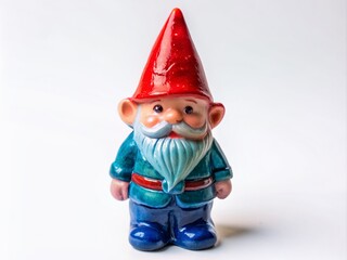 Obraz premium Whimsical red pointed hat and blue coat clad ceramic garden gnome standing alone on a transparent background, showcasing bright colors and playful design details.