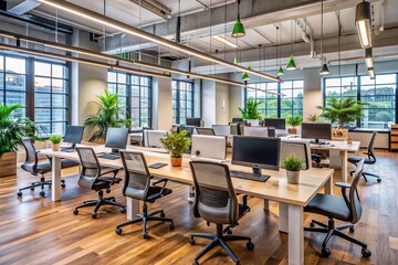 Fototapeta premium Modern office space with empty desks, chairs, and computers, conveying a sense of collaboration and teamwork among diverse professionals in a dynamic work environment.