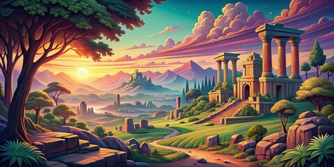 Vibrant retro line art illustration of a mystical fantasy landscape with ancient ruins, towering trees, and rolling hills under a radiant sunrise sky.