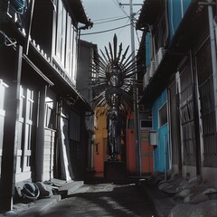 Realistic outdoor infrared daytime photo of a tall strange statue with god-rays behind its head at the end of a narrow alleyway between buildings. From the series �Quest.�