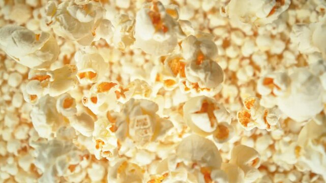 Super Slow Motion Shot of Falling Fluffy Popcorn Followed by Camera at 1000 fps.