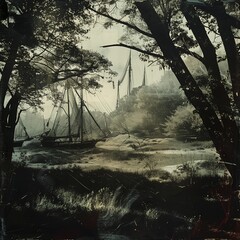 Realistic outdoor infrared photo of a small beached sailing ship in an overgrown marsh surrounded by trees. From the series �Twilight Zone.�