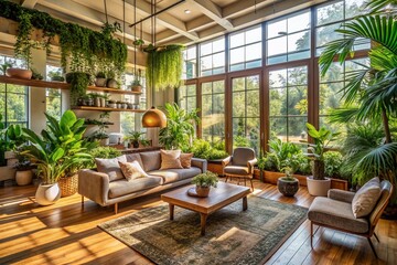 Fototapeta premium An inviting living room with a biophilic design flooded with natural light from large windows, lush indoor plants, and sustainable materials. Serene and eco-friendly ambiance..