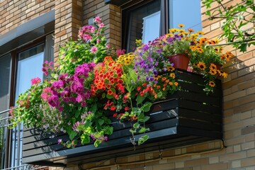 Fototapeta premium Brightly colored flowers bringing cheer to an urban dwelling