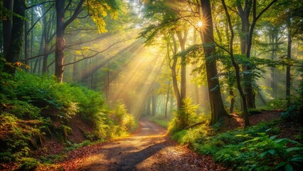 Obraz premium Serene sunlight filters through dense foliage above a winding dirt path, lined with lush greenery and fallen leaves, disappearing into the misty forest depths.