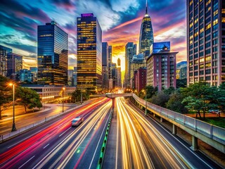 Fototapeta premium Vibrant cityscape at dusk, abstract motion blur captures dynamic energy, streaked lights, blurred buildings, and lanes, conveying urban pace and architectural grandeur.