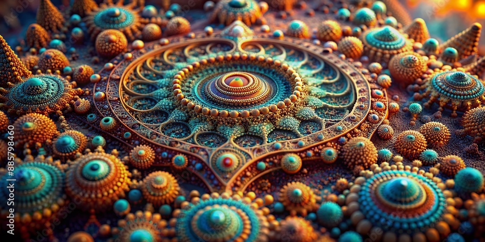 Poster A detailed macro shot of a complex, fractal-based digital art piece, highlighting the depth and layers of its design.