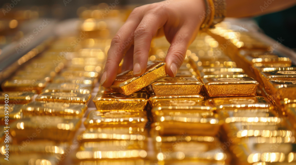 Poster close-up of a hand selecting a shiny gold bar from a large collection of stacked gold bars.