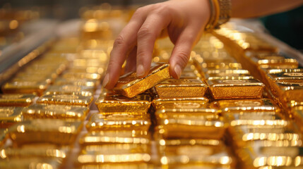 Close-up of a hand selecting a shiny gold bar from a large collection of stacked gold bars.