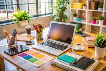 Organized desk with laptop, tablet, and design software on screens, surrounded by colorful pens, papers, and inspirational notes, creative workspace atmosphere.