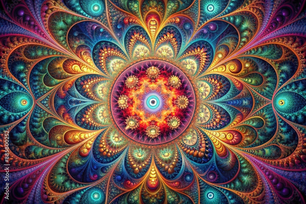 Poster vibrant abstract fractal art composition featuring intricate geometric patterns, swirling shapes, an