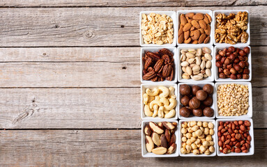 Mix of nuts in bowl . Food background