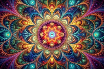 Vibrant abstract fractal art composition featuring intricate geometric patterns, swirling shapes, and radiant colors blending in a mesmerizing symmetrical background design.