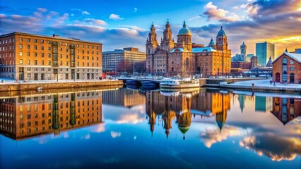Obraz premium Vibrant blue winter skyAbove Albert Dock's historic waterfront architecture in Liverpool, Merseyside, UK, showcasing a tranquil and culturally rich cityscape with snowless streets.