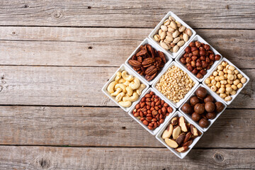 Mix of nuts in bowl . Food background
