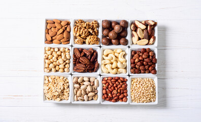Mix of nuts in bowl . Food background