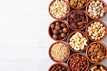Mix of nuts in bowl . Food background
