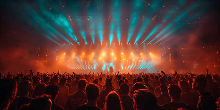 People dance in club spotlight laser lights with hands up in cinematic photography style. People crowd dancing at techno, rave or electronic music club