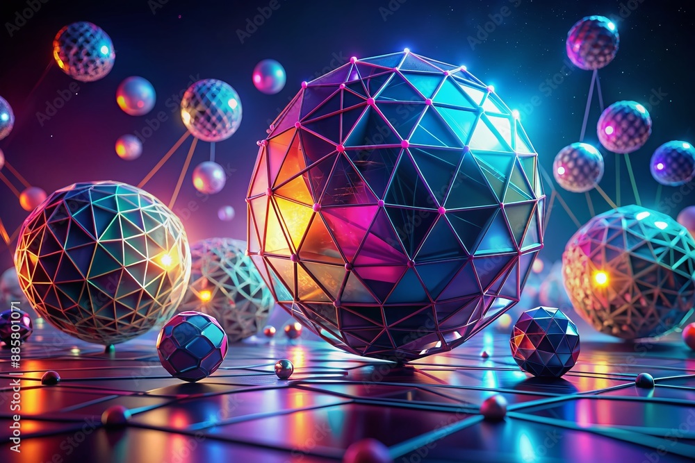 Poster Vibrant abstract 3D geometric composition featuring interconnected spheres and polygons in a futuristic digital landscape with neon lights and dark gradient background.