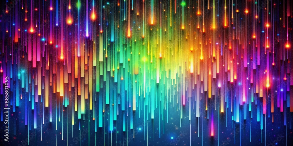 Poster vibrant abstract illustration of colorful pixel rain with retro digital flair, flat symbol backgroun