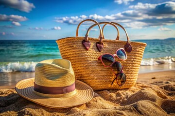 Three straw hats, sunglasses, and a beach bag lie abandoned on the shore, evoking a relaxing summer vacation scene of sunbathing and pampered pedicures.