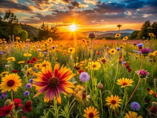 Obraz premium Warm golden light of sunset illuminates vibrant wildflowers swaying gently in the breeze, filling the rustic landscape with color and serenity.