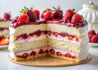 Vibrant strawberry yogurt topped meringue cake, sliced to reveal layers of fluffy whites and rich berry compote, against a clean white background.