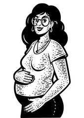 happy pregnant woman sketch engraving PNG illustration. Scratch board imitation. Black and white hand drawn image.