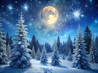 Snowflakes gently fall on serene winter night landscape of frosty forest, illuminated by soft moonlight, with snow-laden fir branches stretching towards the starry sky.