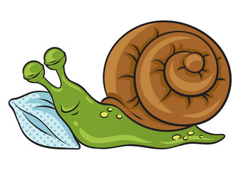 cartoon snail sleeping on pillow pinup pop art retro PNG illustration. Comic book style imitation.