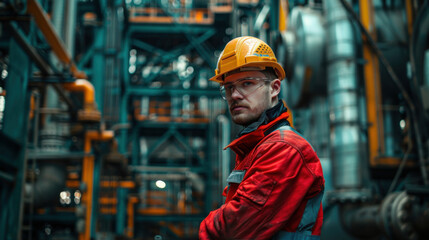 A focused industrial worker in a factory environment, wearing a hard hat, safety glasses, and protective clothing.