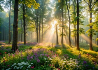 Obraz premium Serene misty forest landscape with lush green trees, radiant sunlight, and delicate wildflowers embracing tranquility, evoking feelings of profound calm and inner peace.