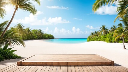 Fototapeta premium empty flat wooden field with tropical beach background.