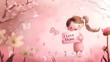 A young girl with a ponytail and pink dress holds a sign saying "I Love Mom" in a whimsical pink garden, surrounded by butterflies and flowers under a blooming tree