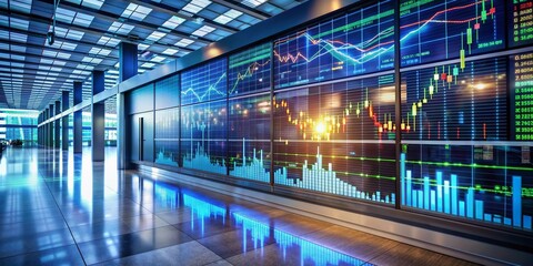 Futuristic screen displays dynamic stock market charts and graphs of abstract indices on a bustling trading floor, surrounded by sleek modern architecture.