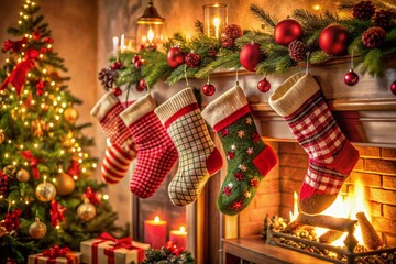 Fototapeta premium Traditional holiday scene featuring festive Christmas stockings hung on a warmly lit fireplace mantle in a nostalgically decorated room filled with classic decorations and joyful ambiance.
