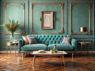 Cozy mid-century modern living room showcases wooden coffee table in front of turquoise sofa against wall with ornate gold frame, evoking retro vintage charm.