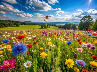 Obraz premium Vibrant wildflowers bloom amidst lush green agricultural field, showcasing biodiversity and eco-friendly farming practices, with ample copy space for adding text or design elements.