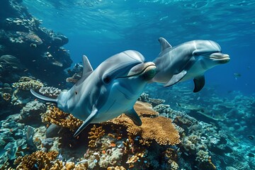 Fototapeta premium Dolphins playing and swimming near a coral reef, their joyful behavior highlighted against a high-quality, underwater backdrop 