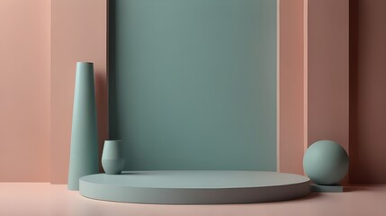 Minimal Product Stage: Pastel Podium with Geometric Backdrop,cosmetics display, jewelry photography, app mockup, product launch video, e-commerce marketing,

