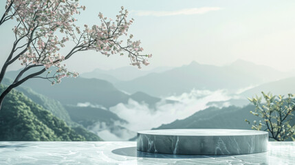 Marble platform overlooking serene mountain landscape with blossoming tree branches, perfect for zen and relaxation scenes.