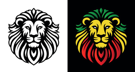 Jamaican reggae rasta lion head front view with rastafarian colors on dark background. Lion of Judah face eps vector art image illustration.