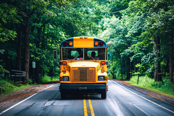 Obraz premium A yellow school bus is driving down a road in a forest. back to school