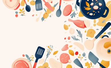 Minimalist Line Art for Social Media Featuring Abstract Cooking Utensils and Ingredients Floating on White Background with Clean Lines and Simple Shapes in Pastel Colors