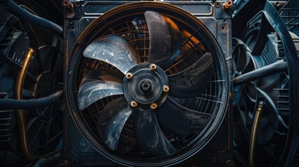 Close-up shot of a fan spinning inside a machine with mechanical parts visible