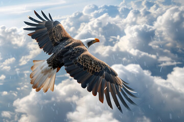 Obraz premium Bald eagle soaring through clouds