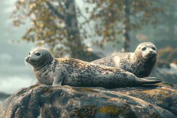 Seals resting on rocky shore